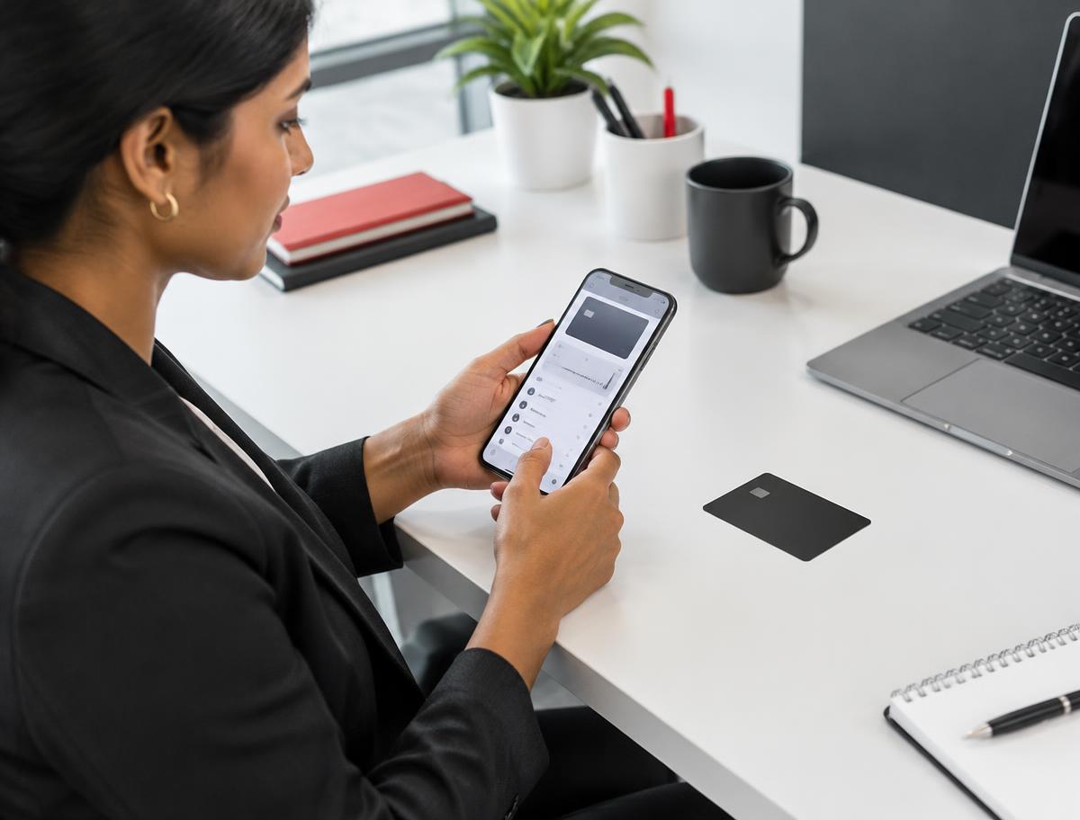 Professional managing a card through a smartphone beside an unbranded physical card; illustrative photography