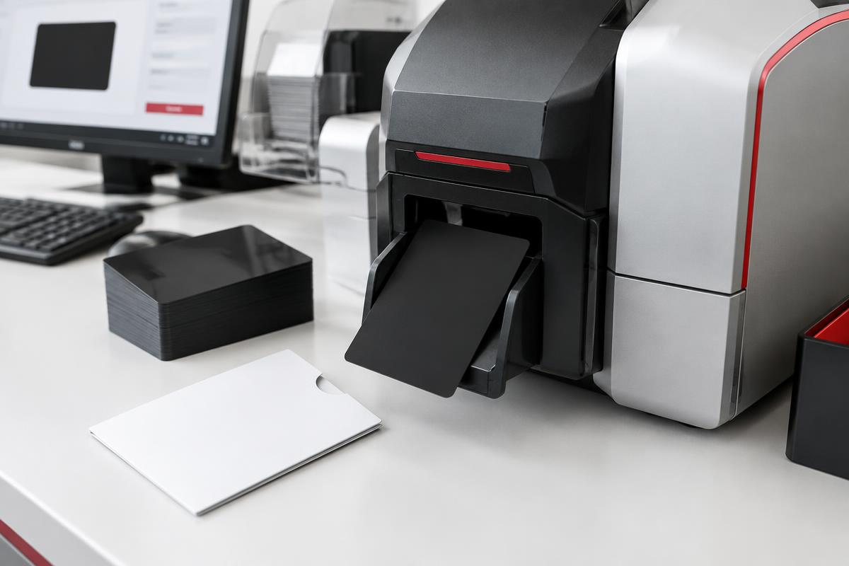 Unbranded physical card printer and secure packaging; illustrative production photography