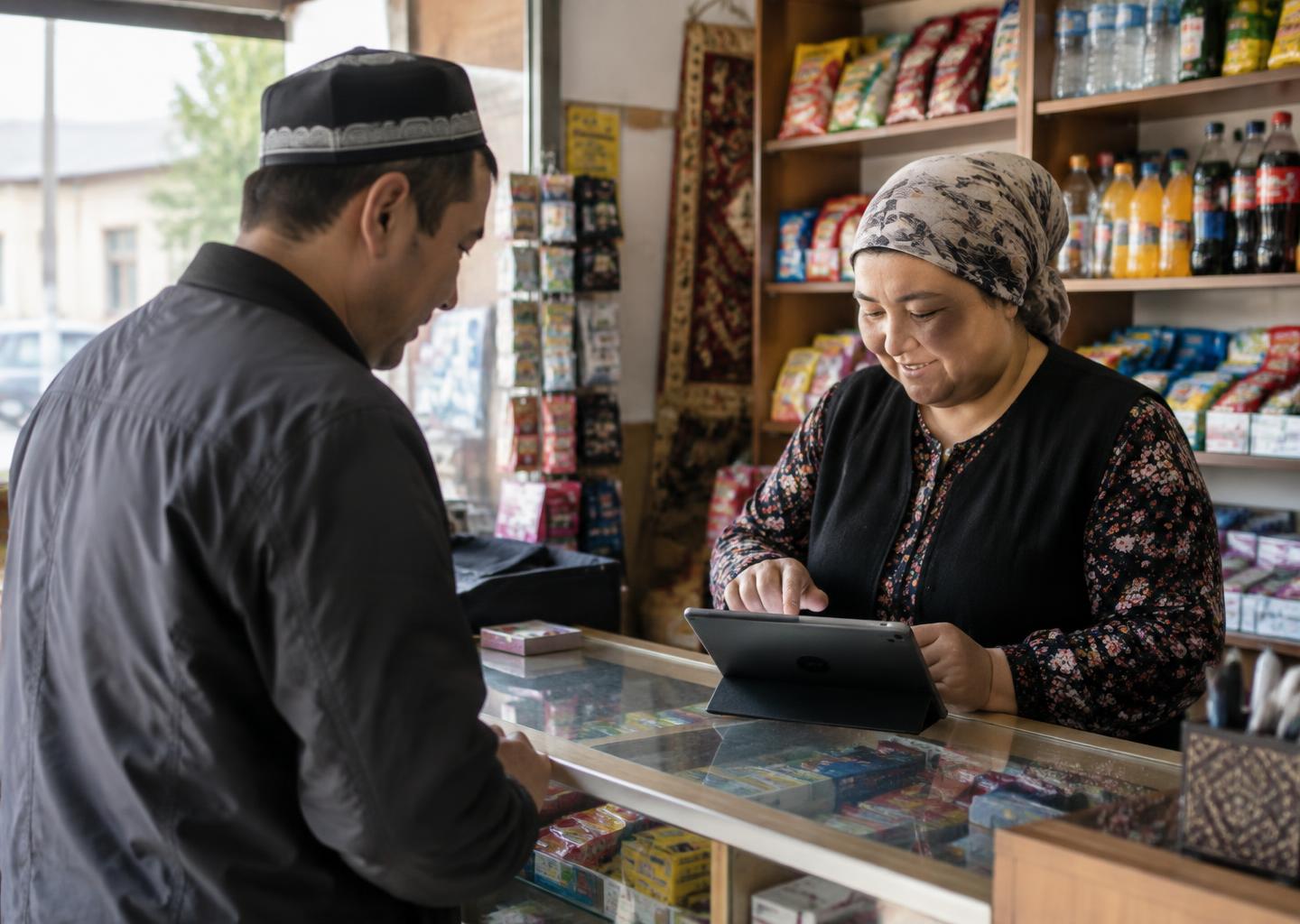 Retailer selling mobile airtime to a customer using a tablet at a shop counter
