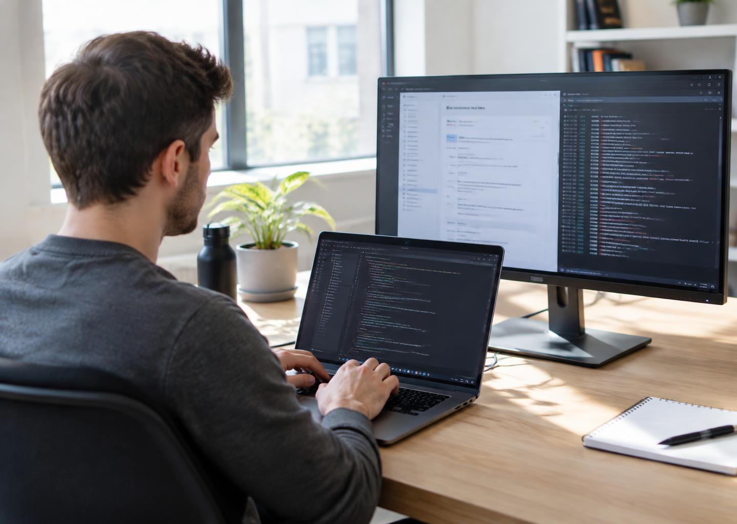 Developer working with API documentation, a code editor and transaction logs
