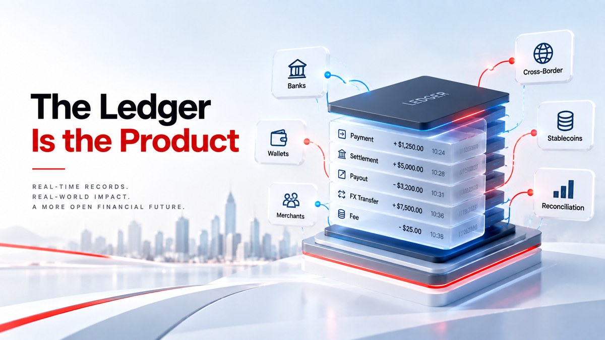 Cover artwork for The Ledger Is the Product showing stacked ledger entries and connected services
