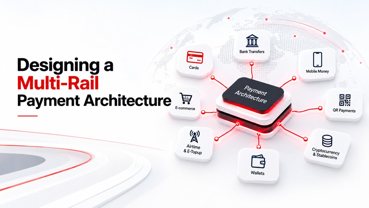Cover artwork for Designing a Multi-Rail Payment Architecture showing payment rails connected to a central hub