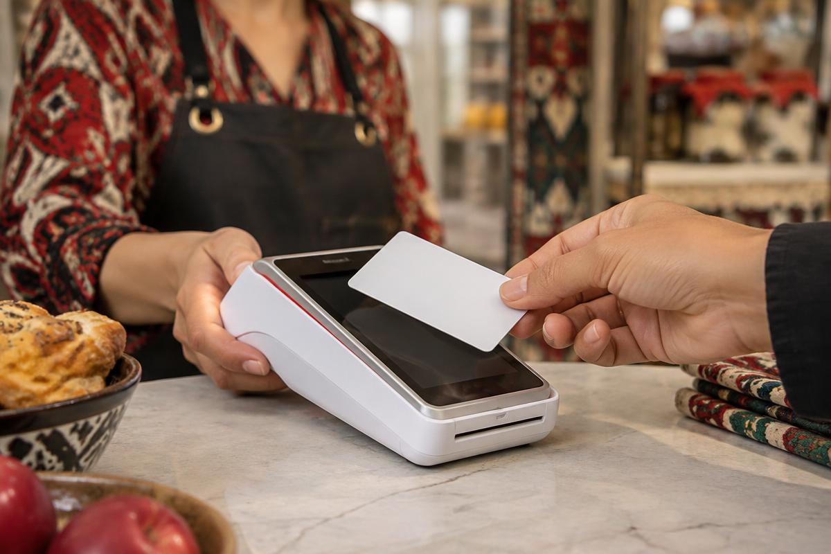 Customer paying by card at a POS terminal