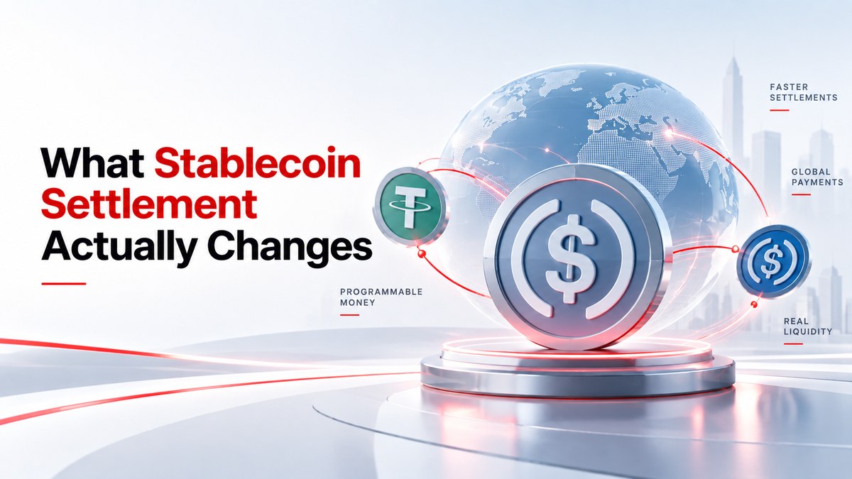 Cover artwork for What Stablecoin Settlement Actually Changes showing stablecoin tokens over a globe
